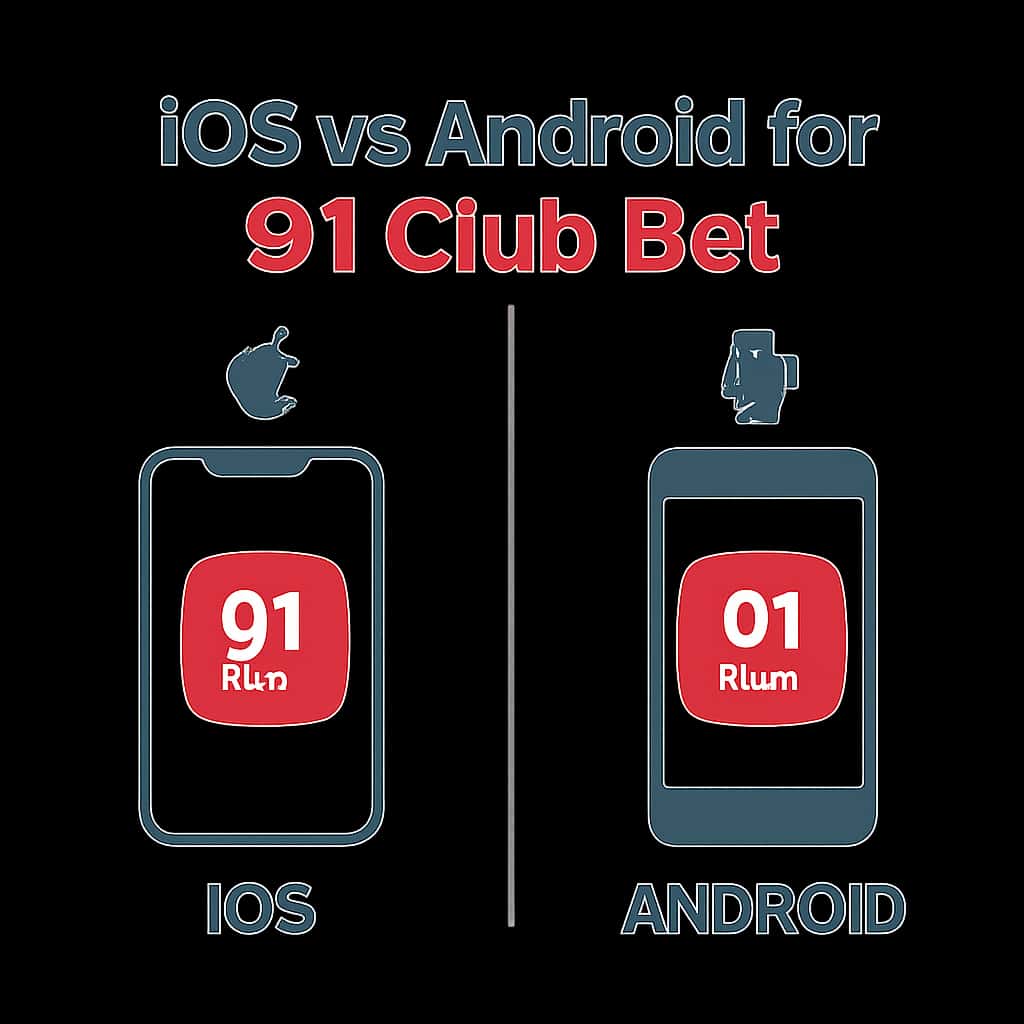 An educational diagram comparing iOS vs Android features for 91 Club Bet.